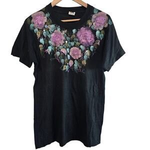 Vintage Flower T-Shirt Womens Large 90s Black Puff Paint 3D Cottage Whimsygoth
